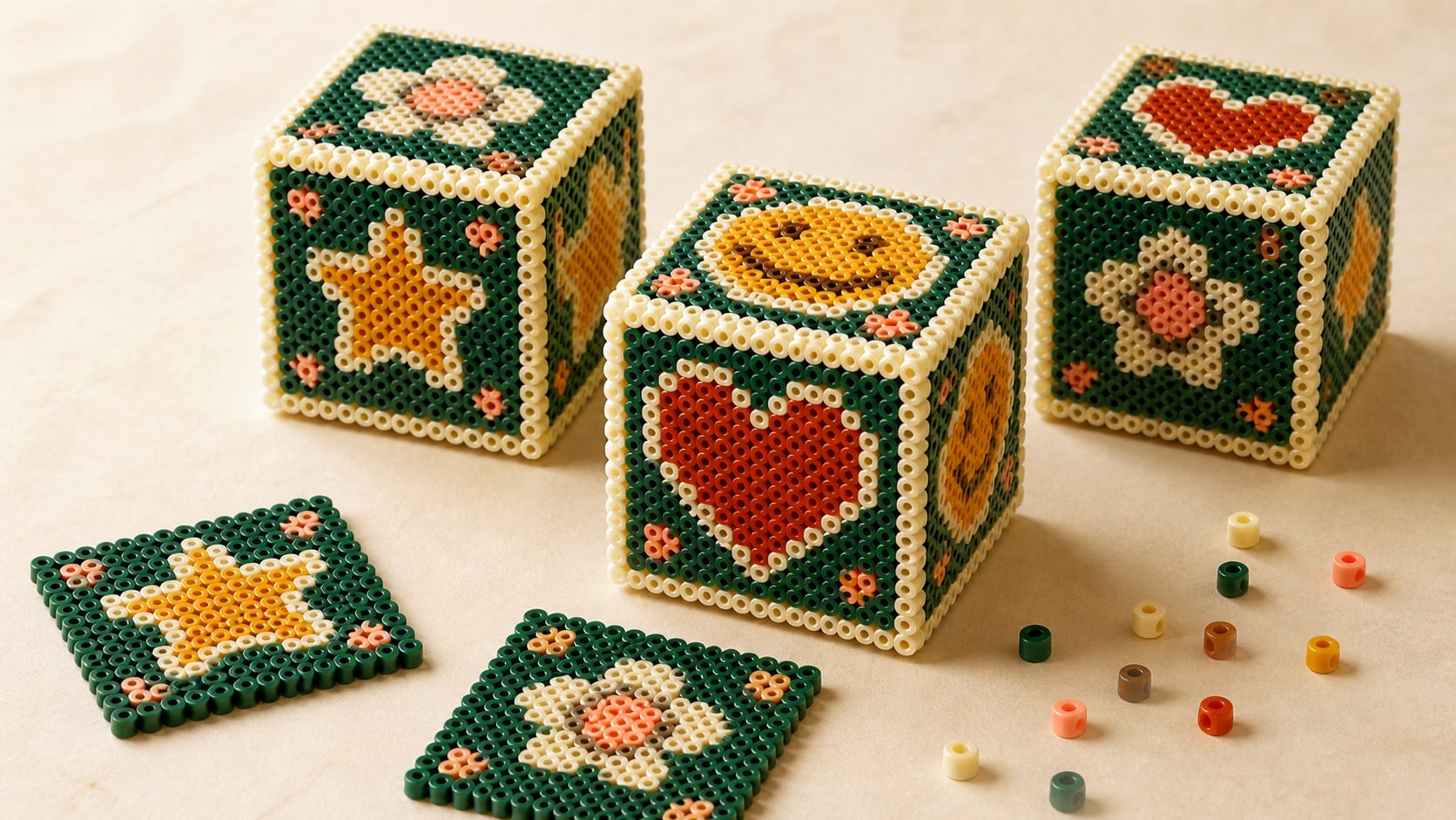 Styled visualization of three finished woodland fuse-bead cubes and separate printable panels
